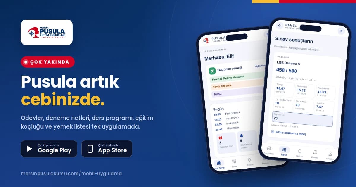 Pusula mobil uygulaması ekranları: ana sayfa ve deneme sonucu