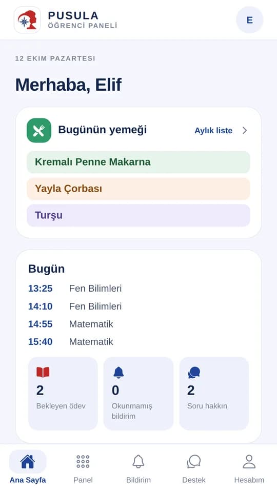 Pusula uygulaması ana sayfa ekranı