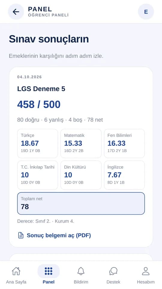 Pusula uygulaması deneme sonuçları ekranı
