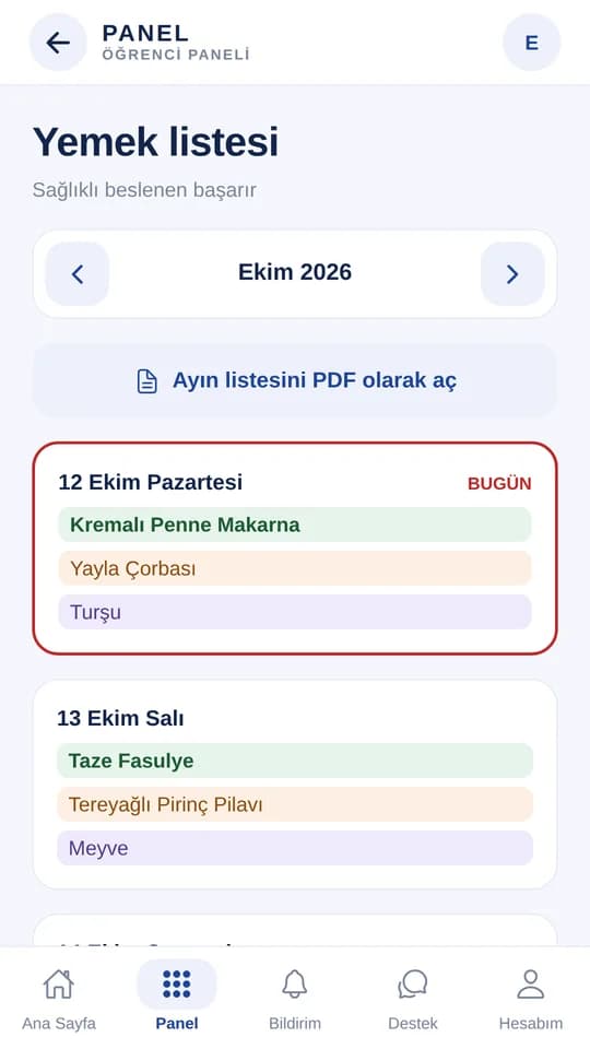 Pusula uygulaması yemek listesi ekranı